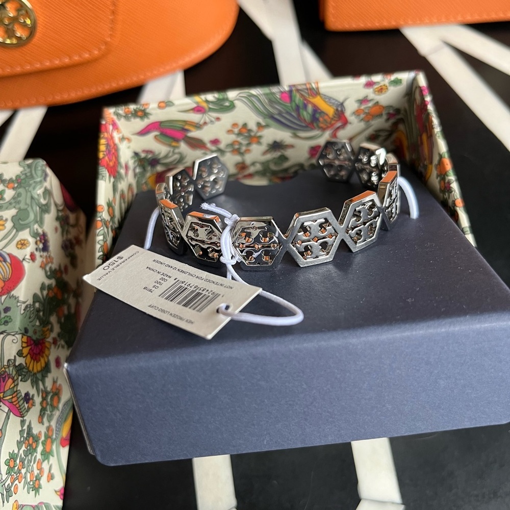 Tory Burch Silver Hexagon Frozen Logo Cuff Bracelet - Picture 1 of 5